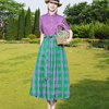 紫色原创民族风亚麻，拼接连衣裙2023春装文艺，女装复古格子长裙