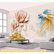 新中式3立体浮雕荷花电视背景墙，壁画高档沙发，客厅卧室影视墙壁纸