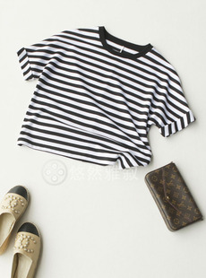 百搭黑白条纹慵懒小蝙蝠袖法式时髦挽袖口，薄毛圈棉质短袖t恤