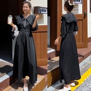 韩国女装2022秋季黑色木耳边收腰九分袖，长裙连衣裙子