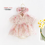 女婴儿爬服夏季中国风连体衣婴儿甜美满印花朵纱裙哈衣送发带