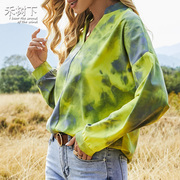 复古扎染长袖衬衫个性荧光绿宽松港味T恤秋Women's tie-dye shirt