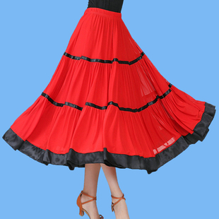 拉丁舞半身高腰大摆长裙，摩登国标交谊广场，舞服装中老年跳舞裙红色