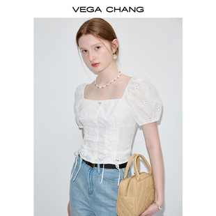 vegachang白色衬衫，女2024年夏季法式方领提花缕空短袖上衣