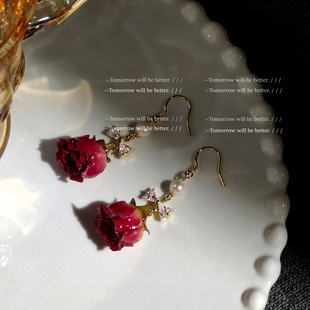复古玫瑰~小众设计感永生花，真花干花锆石耳环，女镀金优雅宫廷风