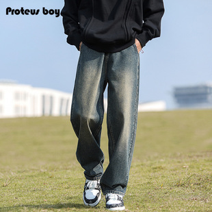 ProteusBoy牛仔裤男款春秋冬季加绒复古男士做旧宽松直筒休闲裤子