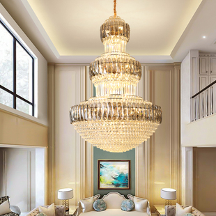 轻奢复式楼客厅大吊灯水晶，家用圆形2024酒店大堂别墅中空灯具