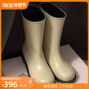 韩版小众设计真皮套筒中筒靴2023年秋季圆头低跟简约风女靴