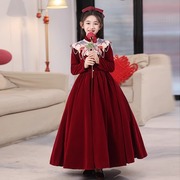 红色女童新年礼服主持人高端花童公主裙秋冬季儿童钢琴演奏演出服