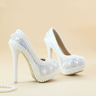 婚鞋白色珍珠鞋圆头晚礼服，婚纱鞋新娘，结婚高跟鞋细跟防水台鞋子女