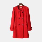 撤柜女装秋冬款红色圆领双排，扣中长款修身百搭羊毛呢子外套