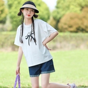 夏季华诺女大童青少年女装休闲圆领针织印花蝴蝶结短袖T恤衫