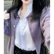 韩系穿搭紫色针织开衫，外套2024早春女装外搭百搭宽松显瘦长袖上衣