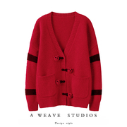 上身太显气质！大红色羊绒衫女秋冬季小熊纯羊绒针织开衫毛衣外套