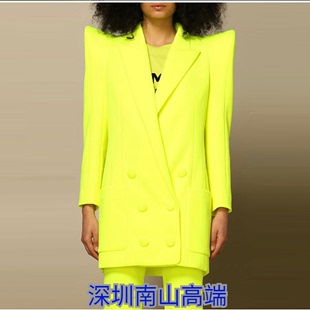 法式2022欧美时尚个性廓形耸肩双排扣中长款西装外套 荧光黄