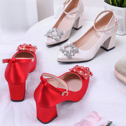 秀禾婚鞋女2020网红银色，高跟鞋粗跟红色结婚新娘，鞋伴娘水晶鞋
