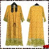 设计师品牌芬妮丹娜黄绿色(黄绿色，)蕾丝织花，面料配老化香云纱腰封连衣裙