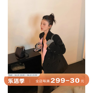 DULA好好家 拼色毛呢西装外套女2023秋季韩版宽松中长款西服