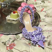 法式蕾丝蝴蝶结水钻仙女高跟鞋高级感网红洛丽塔lolita公主鞋凉鞋