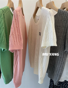 MUYANG 每个颜色都很好看~韩系蝴蝶结麻花套头短袖30%羊毛针织衫