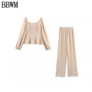 BBWM  欧美女装时尚休闲方领裙摆式短上衣裤子套装