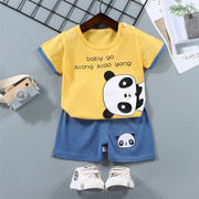 黄色熊猫纯棉婴幼儿童短袖t恤短裤套装夏季分体男女宝宝薄款衣服