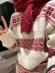 费尔岛雪花圣诞新年红色毛衣女冬季复古加厚宽松慵懒风外穿针织衫