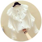 立领雪纺上衣长袖女蕾丝，荷叶边白色衬衣韩版秋季洋气小衫衬衫