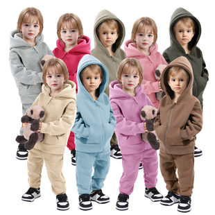 儿童套装秋冬装2024男女童纯色抓绒厚款冬季运动卫衣两件套