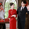 提花红色新娘敬酒服长袖婚宴装长款旗袍修身立领改良婚礼礼服