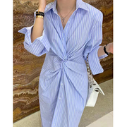韩国chic夏季法式小众翻领撞色条纹扭结交叉设计长袖衬衫式连衣裙
