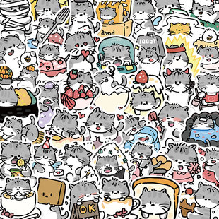 原创60张小猫日记贴纸卡通可爱手账装饰笔记本电脑手机壳ipad防水行李箱