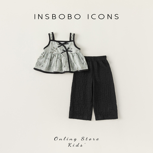 insbobo女童套装时尚，新中式儿童背心，两件套甜美碎花夏装2024