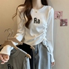 秋季韩版设计感小众短款上衣不规则抽绳长袖修身T恤女打底衫