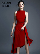 红色连衣裙复古赫本风女人味不规则一字领心机小黑裙长裙气质收腰