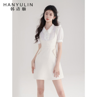 韩语琳法式连衣裙女2024夏季气质收腰显瘦高级感白色短袖裙子