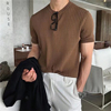 韩国ulzzang条纹t恤男小领口咖色冰丝短袖，高级感上衣夏装百搭体恤