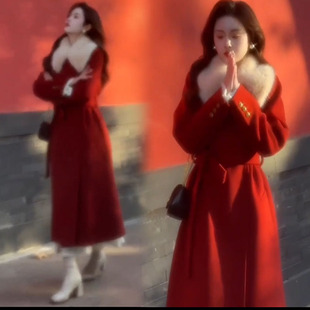韩版千金红色战袍毛呢外套连衣裙女春秋季中长款毛领大衣显瘦网红