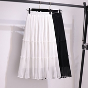 白色半身长裙垂感雪纺百褶2023春夏拼接裙，宽松高腰中长款纯色