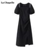 拉夏贝尔lachapelle法式方领开叉连衣裙夏季修身收腰黑色礼服裙