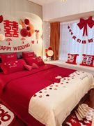 简约婚庆床品红色四件套全棉，60支新疆棉爱心，刺绣结婚被套床单床笠