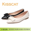 kisscat接吻猫2024春款低跟尖头羊皮蝴蝶结女鞋单鞋，平底鞋白色鞋