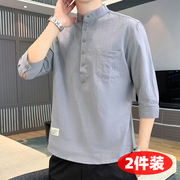亚麻男士七分袖衬衫立领中袖棉麻套头纯色衬衣中国风纯棉短袖T恤