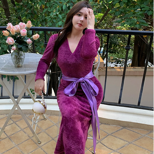 春夏高级感紫色貂绒气质大码连衣裙宴会生日礼服裙绑带收腰显瘦女