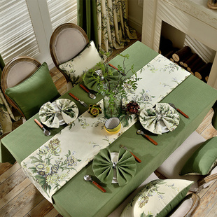 美式轻奢棉麻布艺桌布西餐厅，酒店派对会议防水桌旗绿色，茶几布定制(布定制)