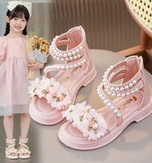 女童凉鞋平跟女孩公主鞋粉色软底夏季中大童学生露趾罗马鞋黑色