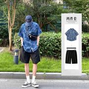 夏季男士短袖衬衫韩版宽松牛仔格子衬衣一套搭配潮牌帅气休闲套装