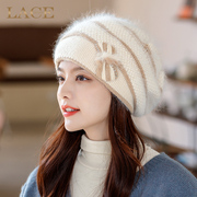 兔毛帽子女冬季时尚毛线，帽蓓蕾帽适合圆脸潮保暖针织帽加厚贝雷帽