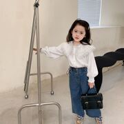 女童蕾丝花边衬衫2023秋季韩版儿童，翻领长袖上衣宝宝打底衬衣