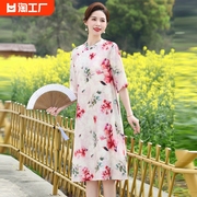 新中式改良旗袍文艺复古中老年，妈妈夏装棉麻，连衣裙2024长裙